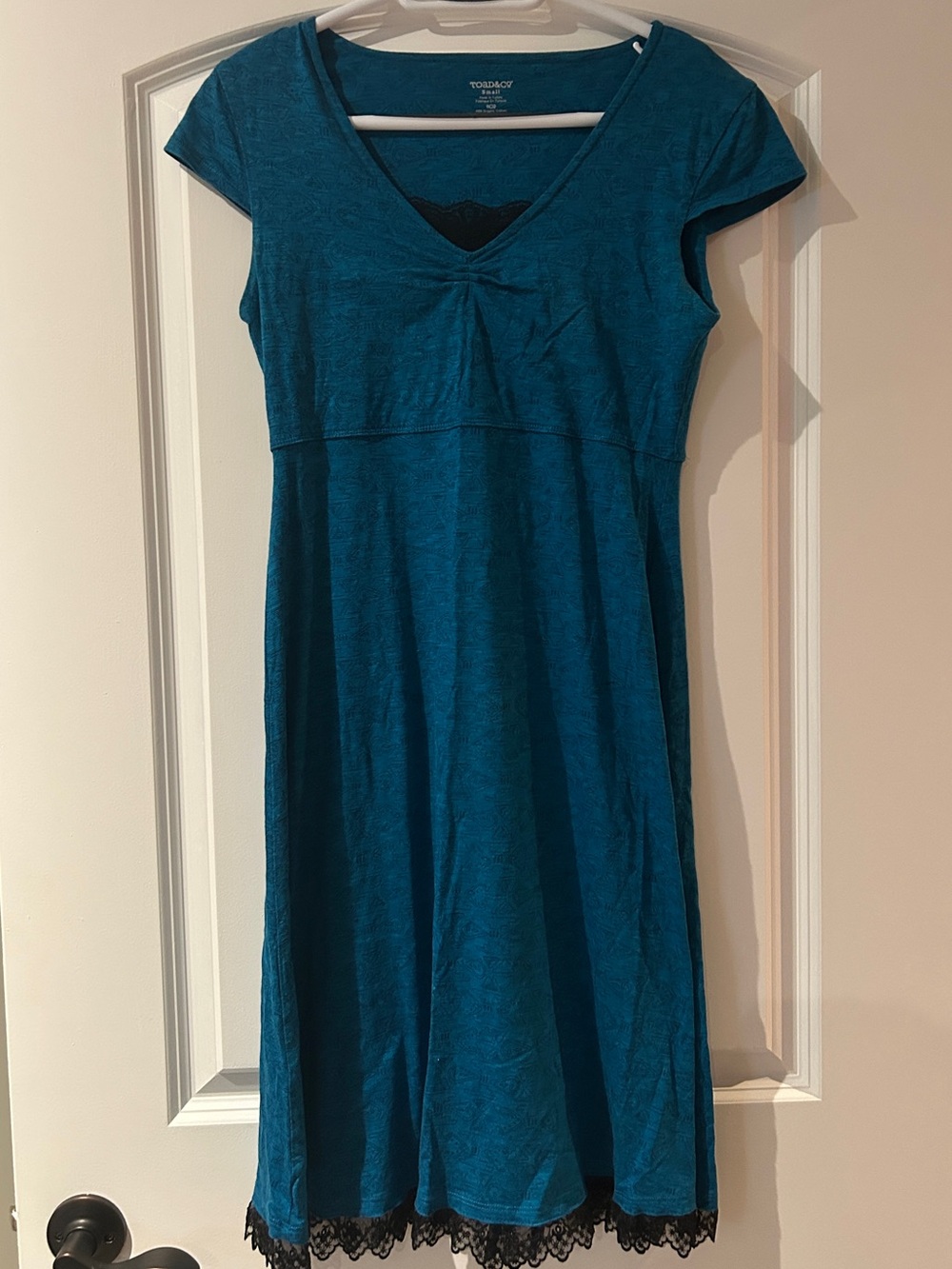 Toad&Co Blue Cap-Sleeve V-Neck Dress with Lace Hem